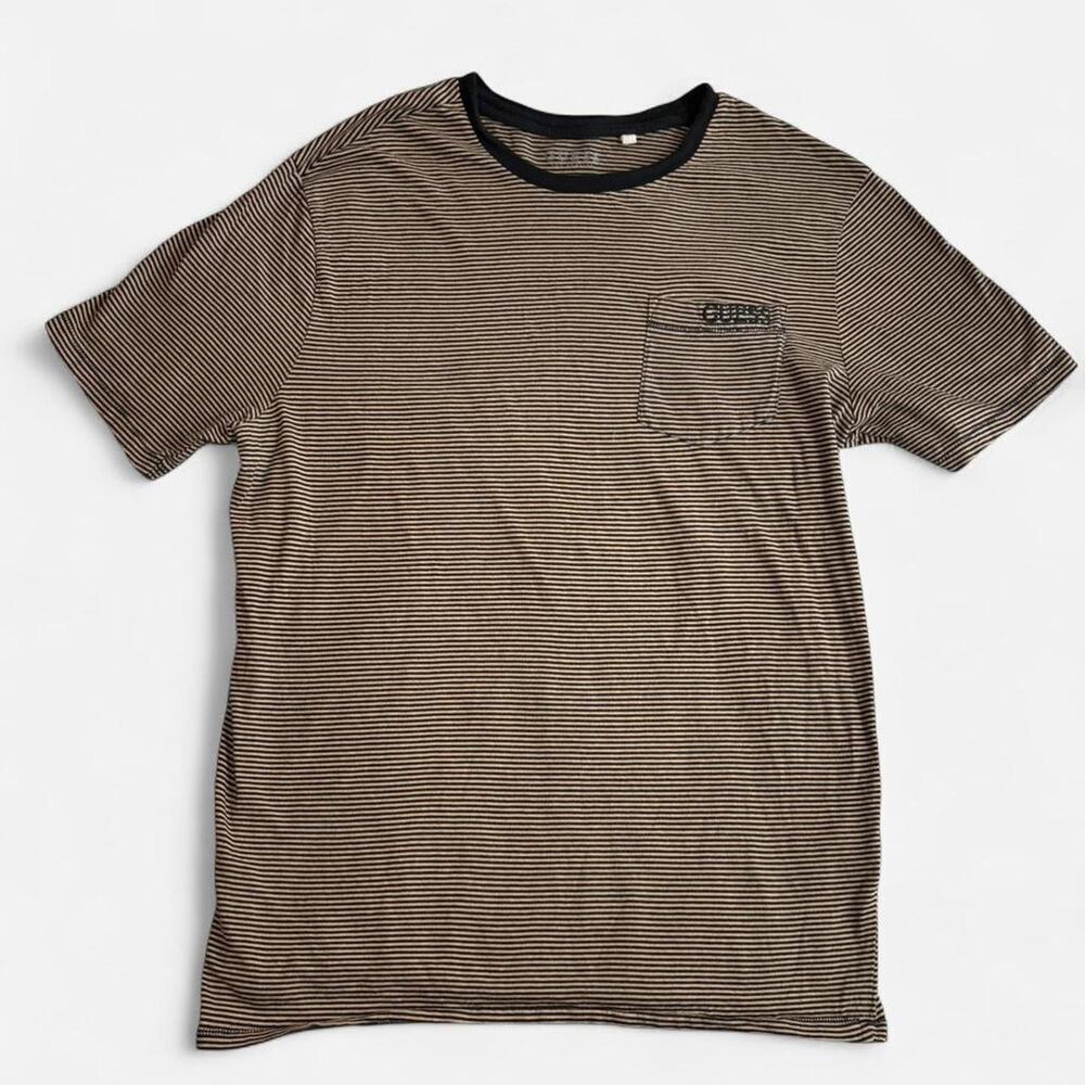 GUESS Unisex L Short Sleeve T-Shirt Striped Black Tan